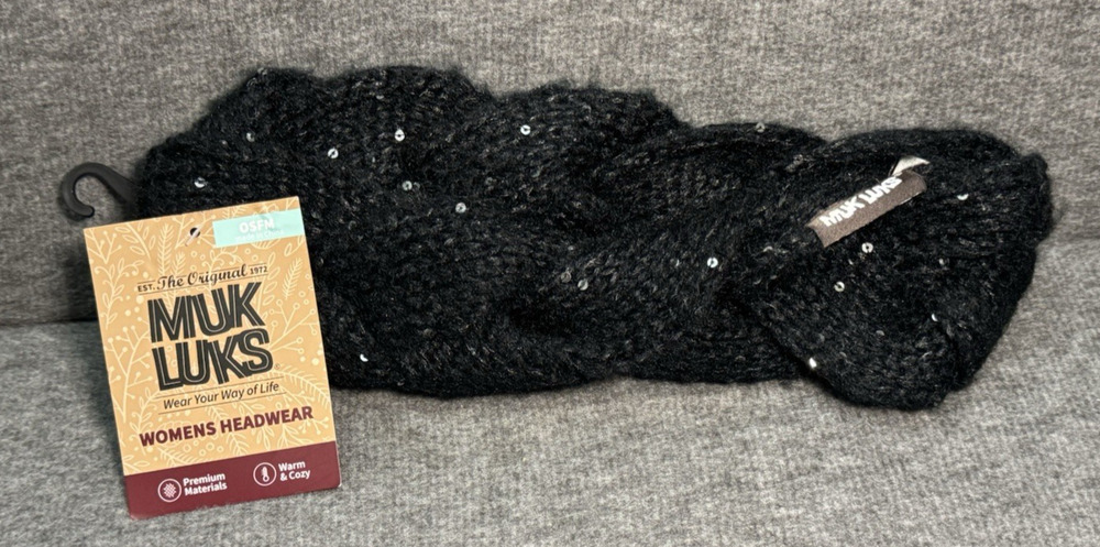 Muk Luks Black Sequin Braided Twist Headband Chunky Knit Headwear Women's OSFM